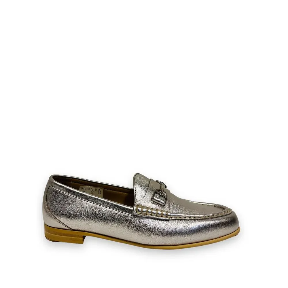 BALLY Silver Metallic Leather Manoela Buckle Accent Slip-On Loafers Flats 37 -7 - Picture 4 of 11